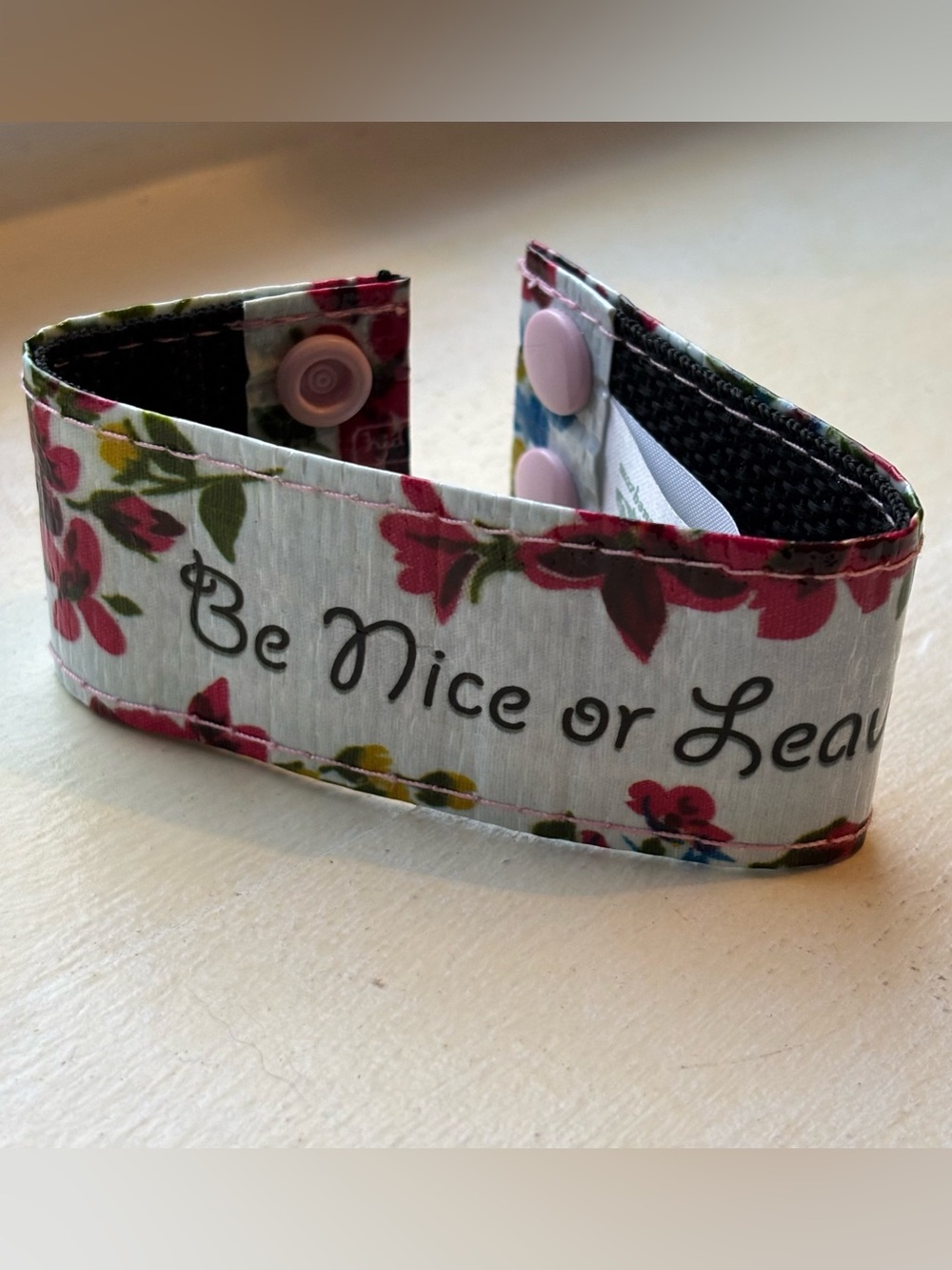 Blue Q Floral "Be Nice or Leave" Coquette Retro Cat Snap Bracelet